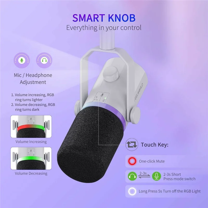 FEELWORLD PM1-W Dynamisches Mikrofon XLR/USB Podcast Gaming Streaming Aufnahmemikrofon mit RGB-Beleuchtung – Weiß