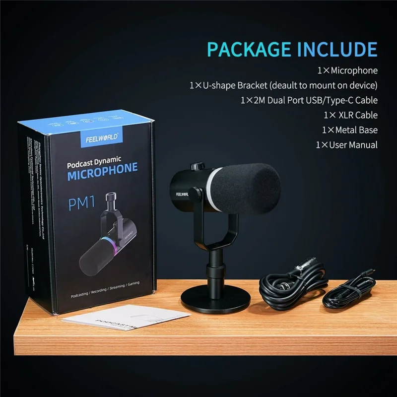 FEELWORLD PM1-XS Dynamic Microphone with Stand XLR  /  USB Dual Output Desktop Mic for Recording  /  Gaming  /  Streaming - Black