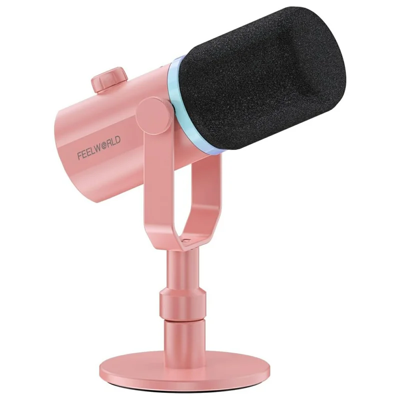 FEELWORLD PM1-XS-P RGB Lighting Dynamic Microphone XLR  /  USB Dual Output Desktop Mic with 3.5mm Headphone Jack - Pink
