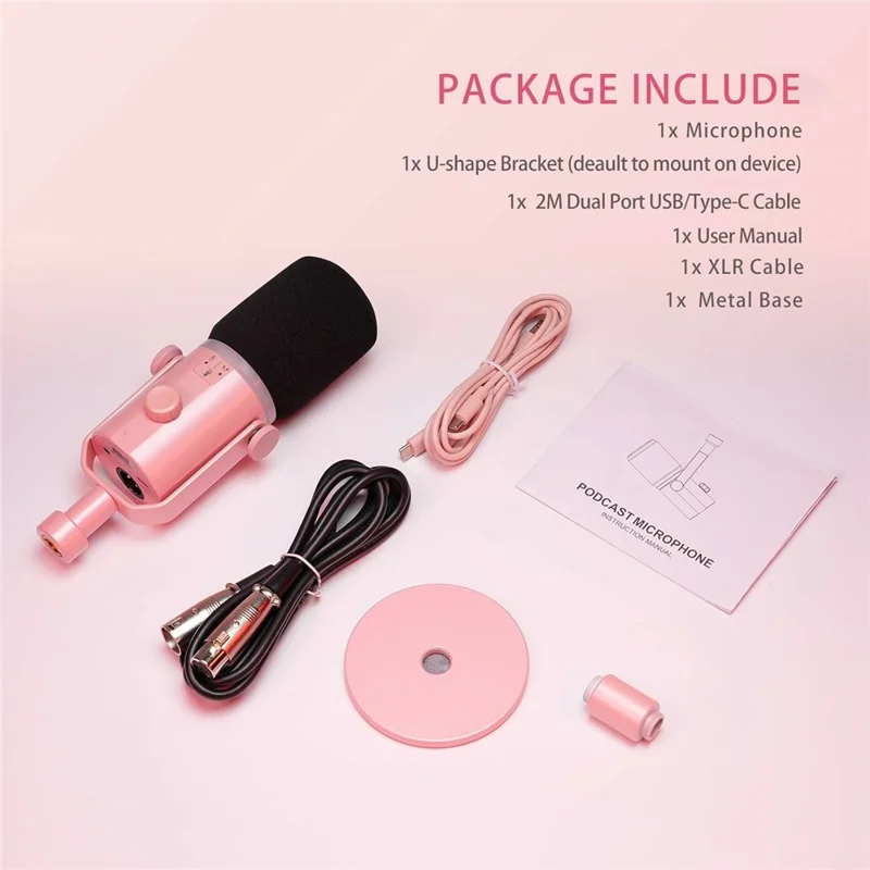 FEELWORLD PM1-XS-P RGB Lighting Dynamic Microphone XLR  /  USB Dual Output Desktop Mic with 3.5mm Headphone Jack - Pink