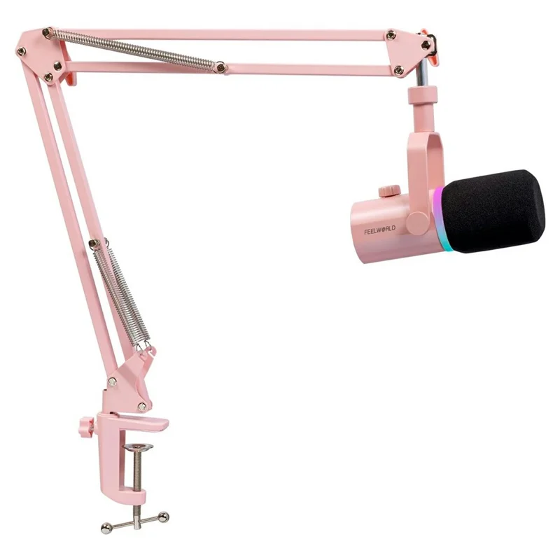 Microphone dynamique FEELWORLD PM1-AS-P avec bras de support XLR / USB double sortie pour podcast / enregistrement / jeux / diffusion en direct - Rose