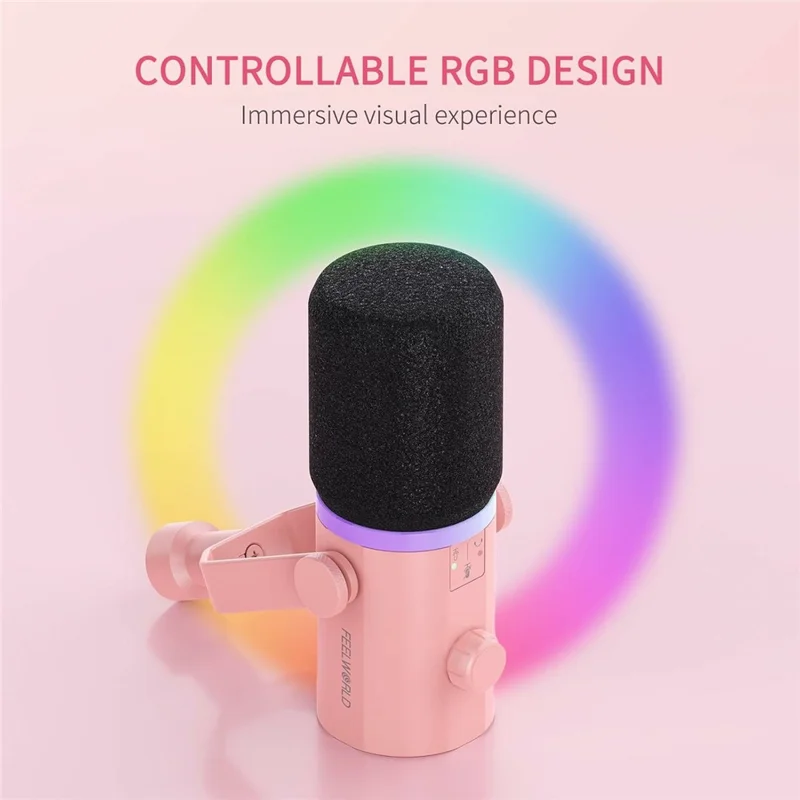 Microphone dynamique FEELWORLD PM1-AS-P avec bras de support XLR / USB double sortie pour podcast / enregistrement / jeux / diffusion en direct - Rose