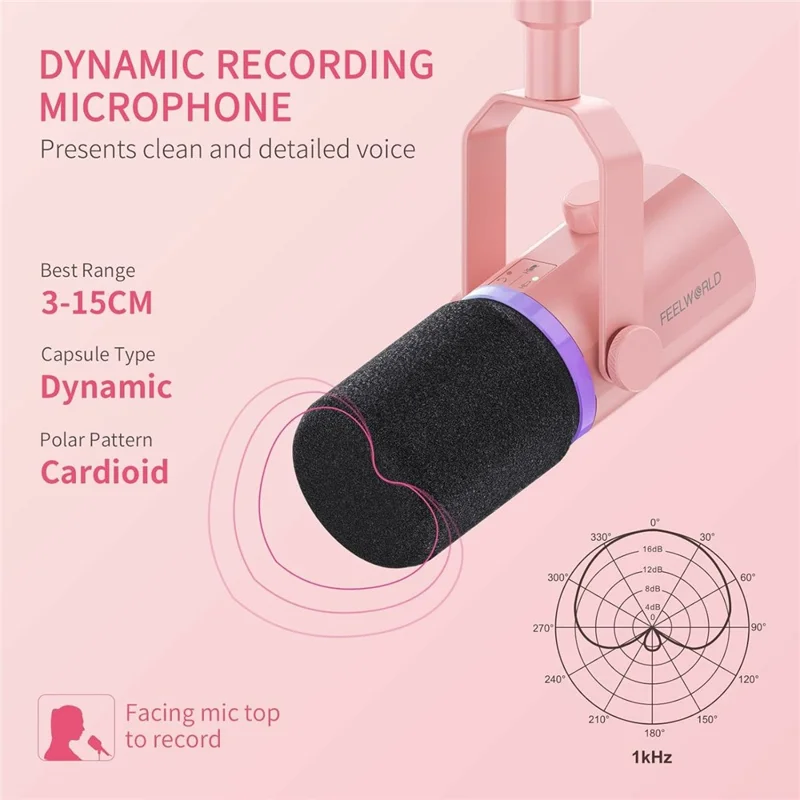 Microphone dynamique FEELWORLD PM1-AS-P avec bras de support XLR / USB double sortie pour podcast / enregistrement / jeux / diffusion en direct - Rose