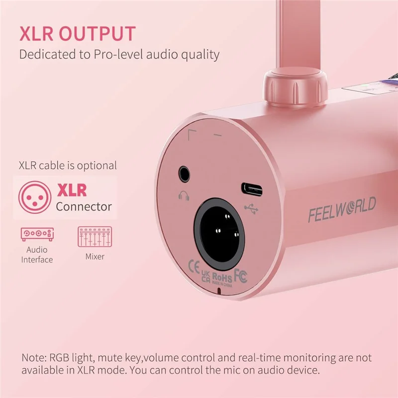 Microphone dynamique FEELWORLD PM1-AS-P avec bras de support XLR / USB double sortie pour podcast / enregistrement / jeux / diffusion en direct - Rose