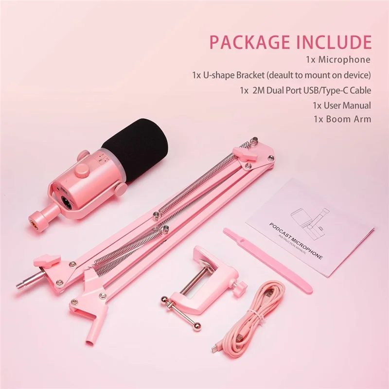 Microphone dynamique FEELWORLD PM1-AS-P avec bras de support XLR / USB double sortie pour podcast / enregistrement / jeux / diffusion en direct - Rose