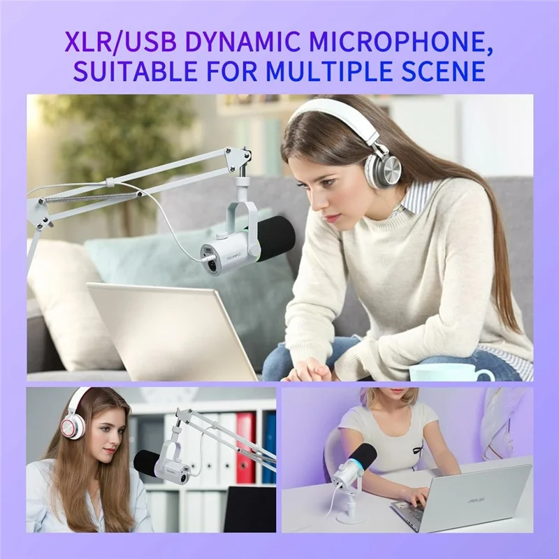 FEELWORLD PM1-AS-W Dynamic Microphone with Boom Arm Stand XLR / USB Dual Output for Podcast Recording / Gaming / Live Streaming - White