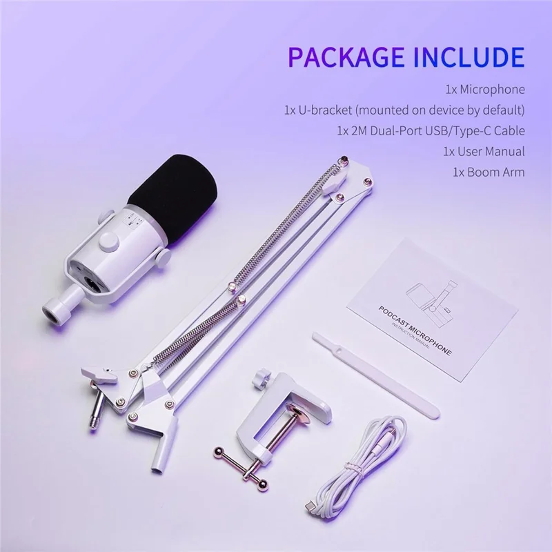FEELWORLD PM1-AS-W Dynamic Microphone with Boom Arm Stand XLR / USB Dual Output for Podcast Recording / Gaming / Live Streaming - White