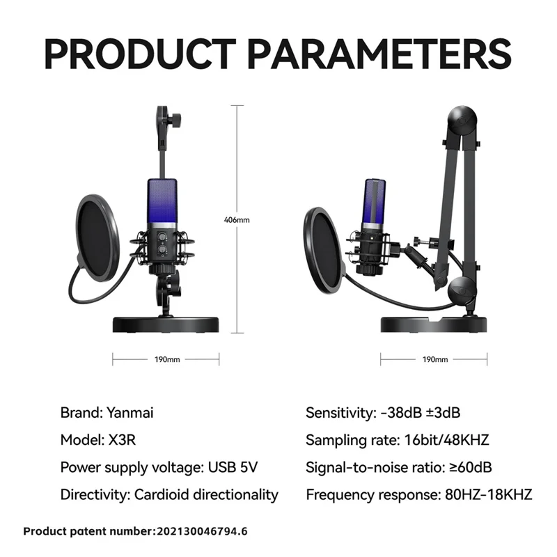 YANMAI X3R RGB Lighting Desktop Microphone Noise Cancelling Capacitor Microphone for Live Streaming / Recording - Black
