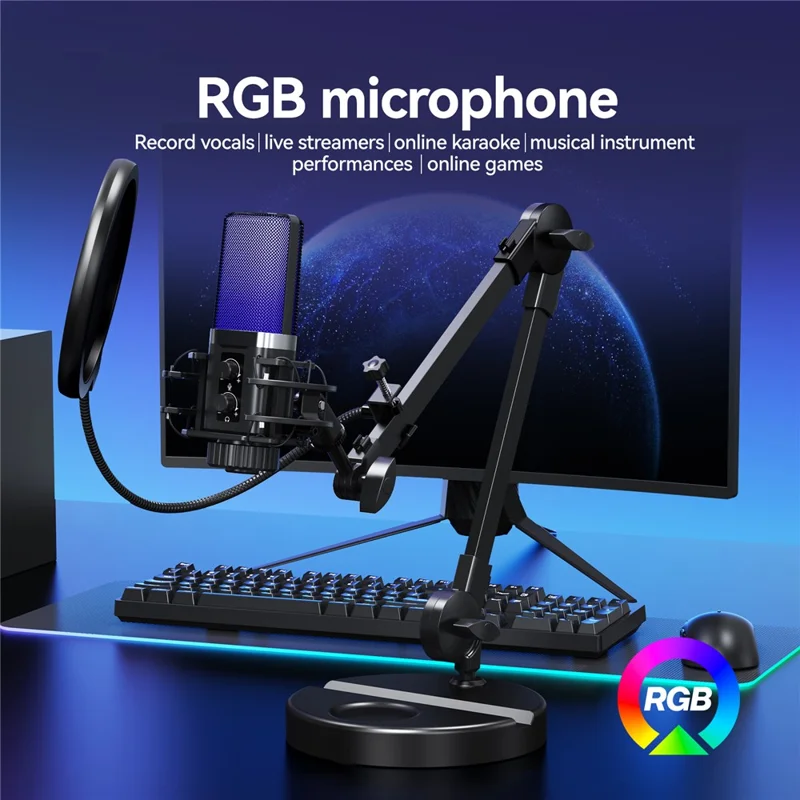 YANMAI X3R RGB Lighting Desktop Microphone Noise Cancelling Capacitor Microphone for Live Streaming / Recording - Black