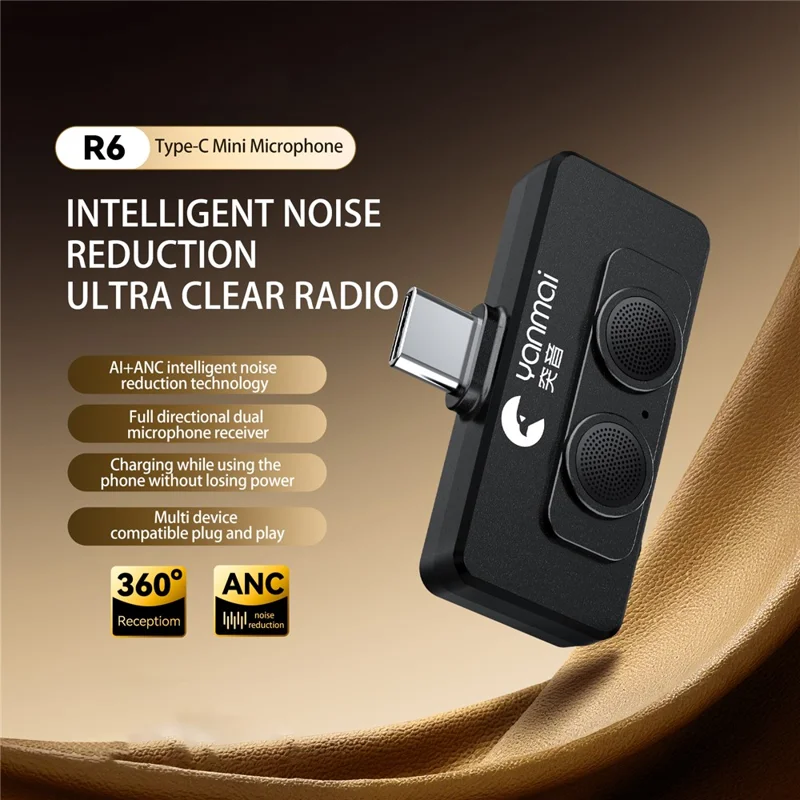 YANMAI R6 Type-C Mini Microphone Plug and Play AI + ANC Smart Noise Reduction Mic for Vlogging / Recording - Black