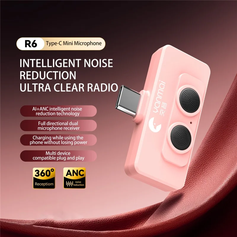 YANMAI R6 Type-C Mini Microphone Plug and Play AI + ANC Smart Noise Reduction Mic for Vlogging / Recording - Pink