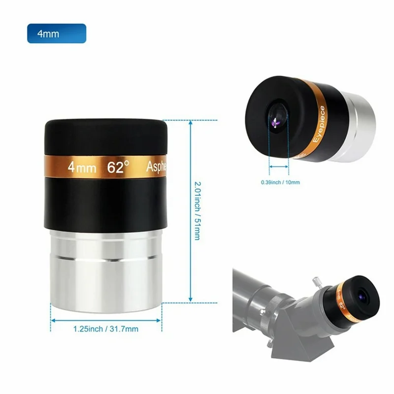 Telescope 1.25" Aspheric Eyepiece 62° Wide Field HD Eyepiece for Astronomy - 4mm
