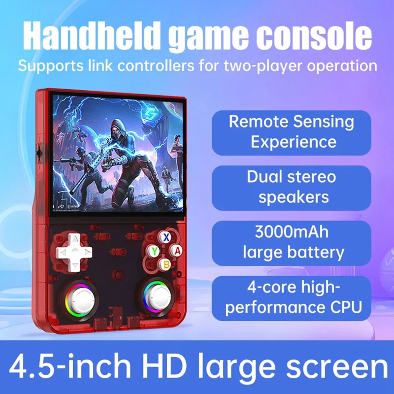 R36ultra X Handheld Game Console with 32GB TF Card Dual 3D Joysticks 4.5 Inch IPS Screen Gamepad with RGB Light - Red