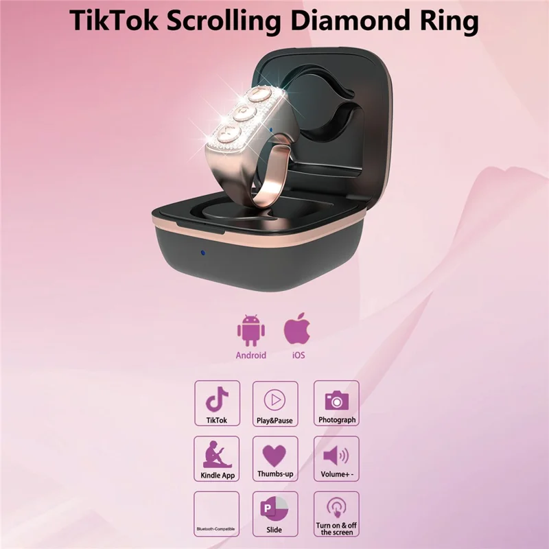 D03 Smart Ring Bluetooth-compatible Remote Control Diamond TikTok Scrolling Ring Camera Video Recording - Rose Pink