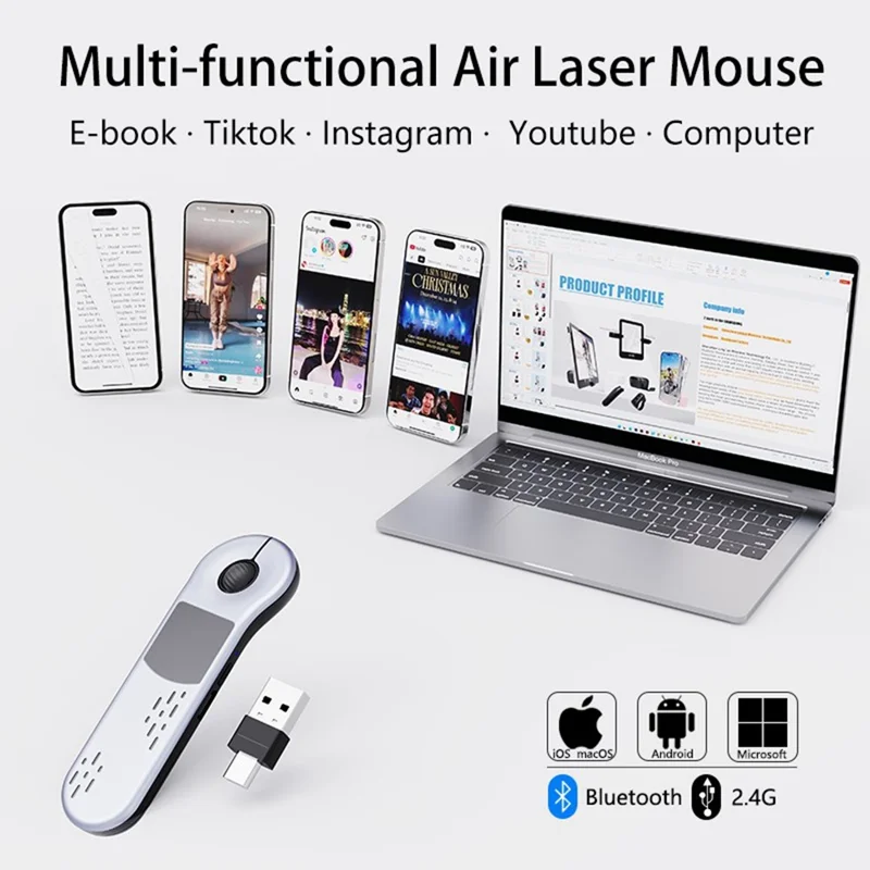 D13 Pro Ratón Inalámbrico con Control Remoto Bluetooth-compatible, Cambiador de Diapositivas PPT para TikTok YouTube - Gris Plata