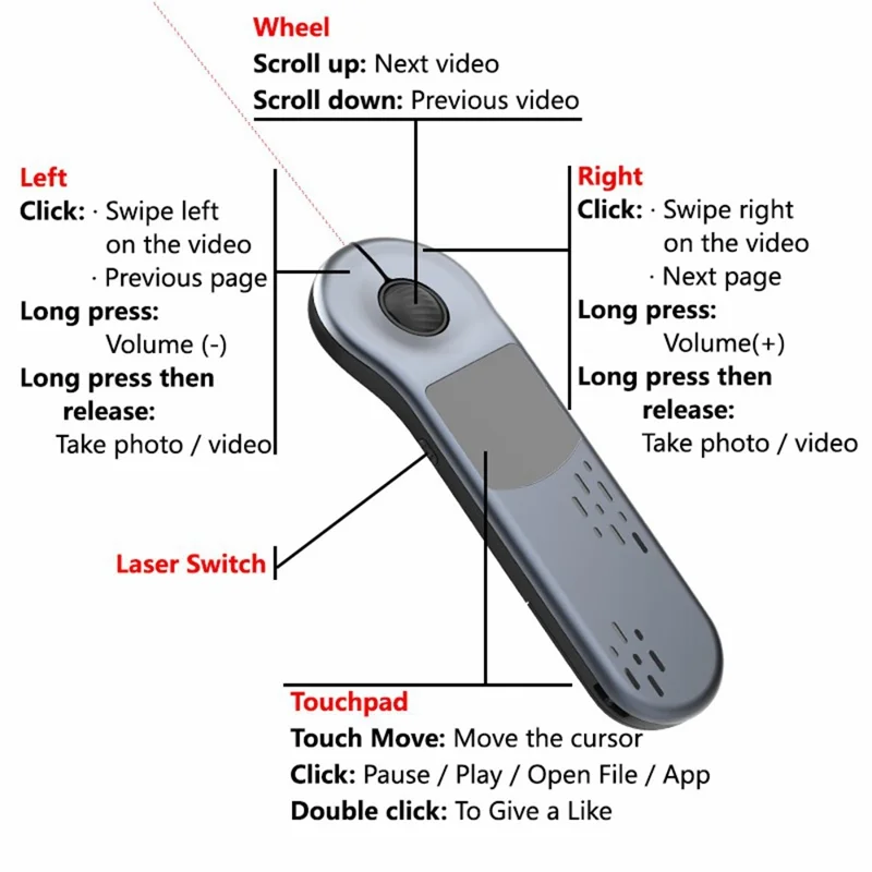 D13 Pro Ratón Inalámbrico con Control Remoto Bluetooth-compatible, Cambiador de Diapositivas PPT para TikTok YouTube - Gris Plata
