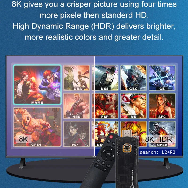 X8 64GB Dual System TV Game Stick Retro Gaming Console with 8K Output and 2.4G Wireless Controllers - Black