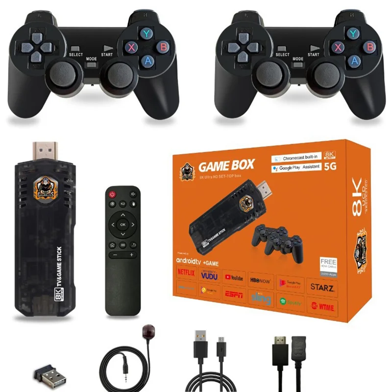 X8 64GB Dual System TV Game Stick Retro Gaming Console with 8K Output and 2.4G Wireless Controllers - Black