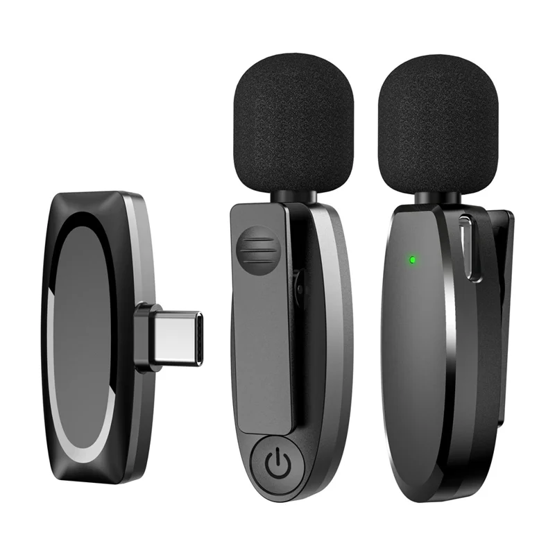 AP004 2Pcs Wireless Lavalier Microphone with Type-C Receiver Clip-on Mic for Phone Live Streaming Recording - Black