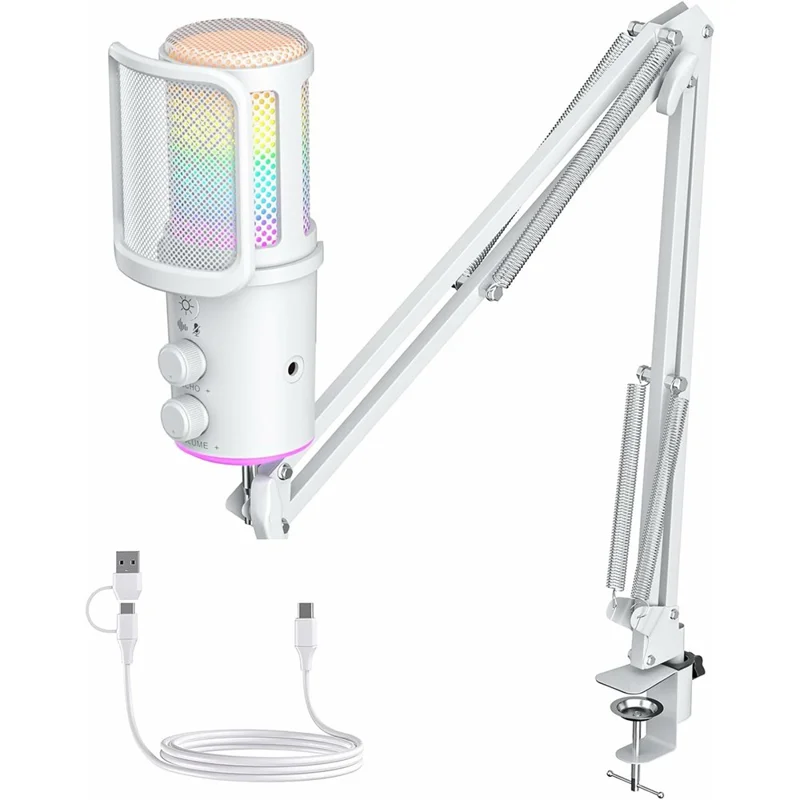 ONIKUMA M530 USB Condenser Microphone RGB Gaming Mic with Noise Reduction for Streaming - White