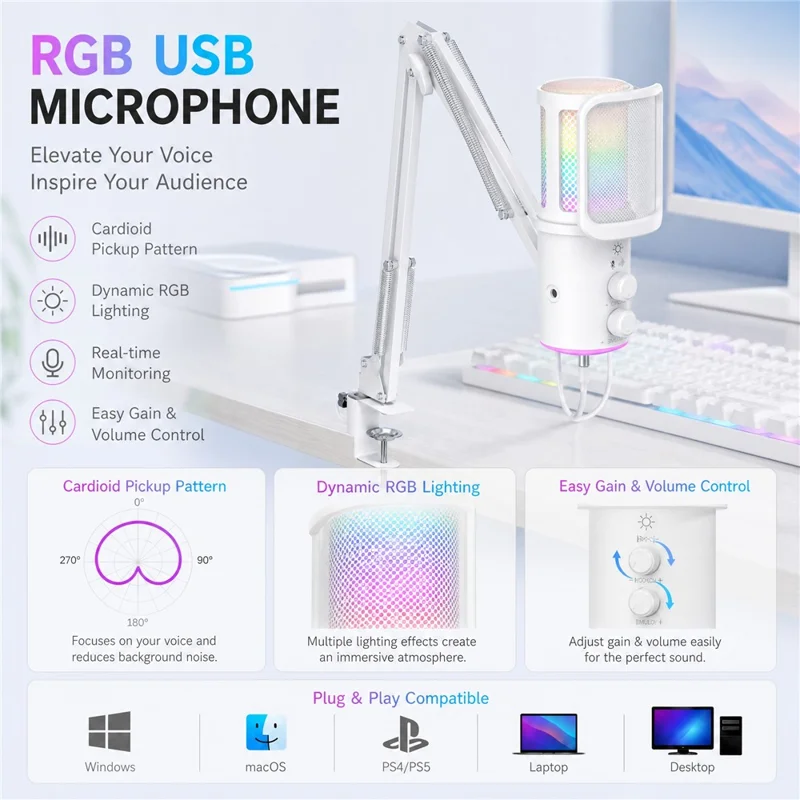 ONIKUMA M530 USB Condenser Microphone RGB Gaming Mic with Noise Reduction for Streaming - White