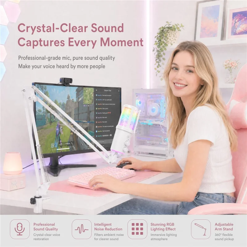 ONIKUMA M530 USB Condenser Microphone RGB Gaming Mic with Noise Reduction for Streaming - White