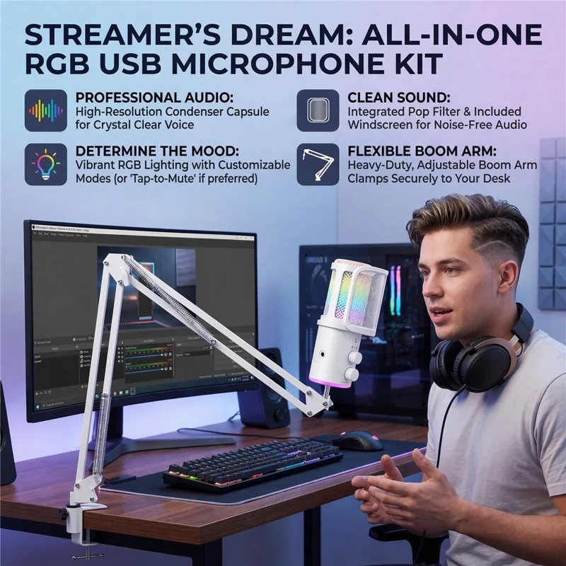 ONIKUMA M530 USB Condenser Microphone RGB Gaming Mic with Noise Reduction for Streaming - White