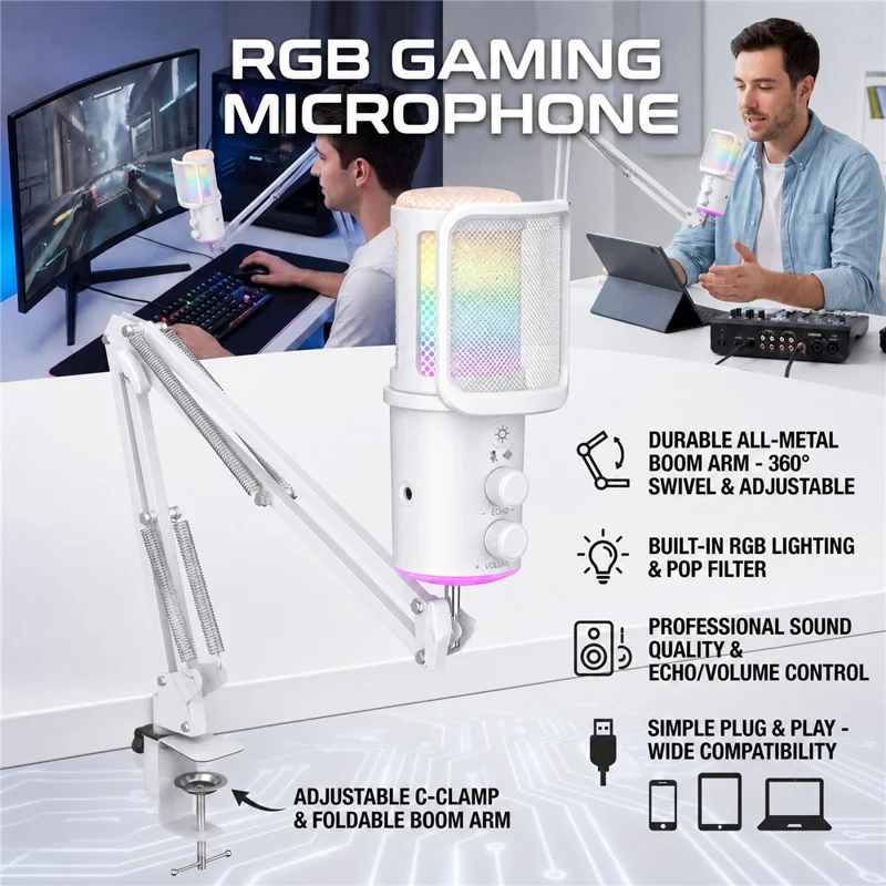 ONIKUMA M530 USB Condenser Microphone RGB Gaming Mic with Noise Reduction for Streaming - White