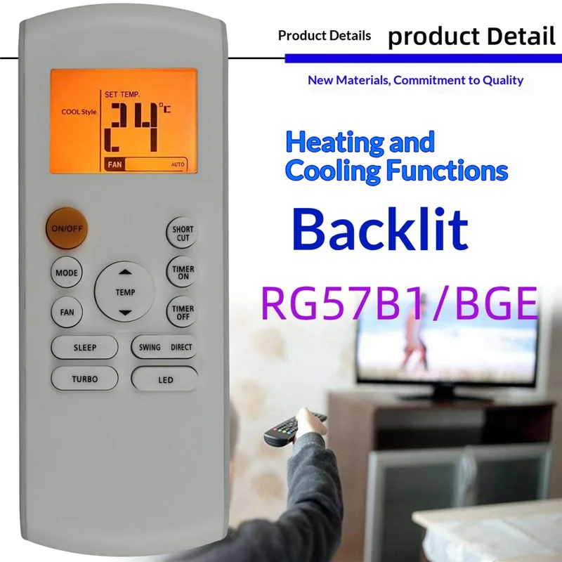 Comando Remoto RG57B1-BGE com Ecrã LCD Retroiluminado para Ar Condicionado Midea Controlador IR