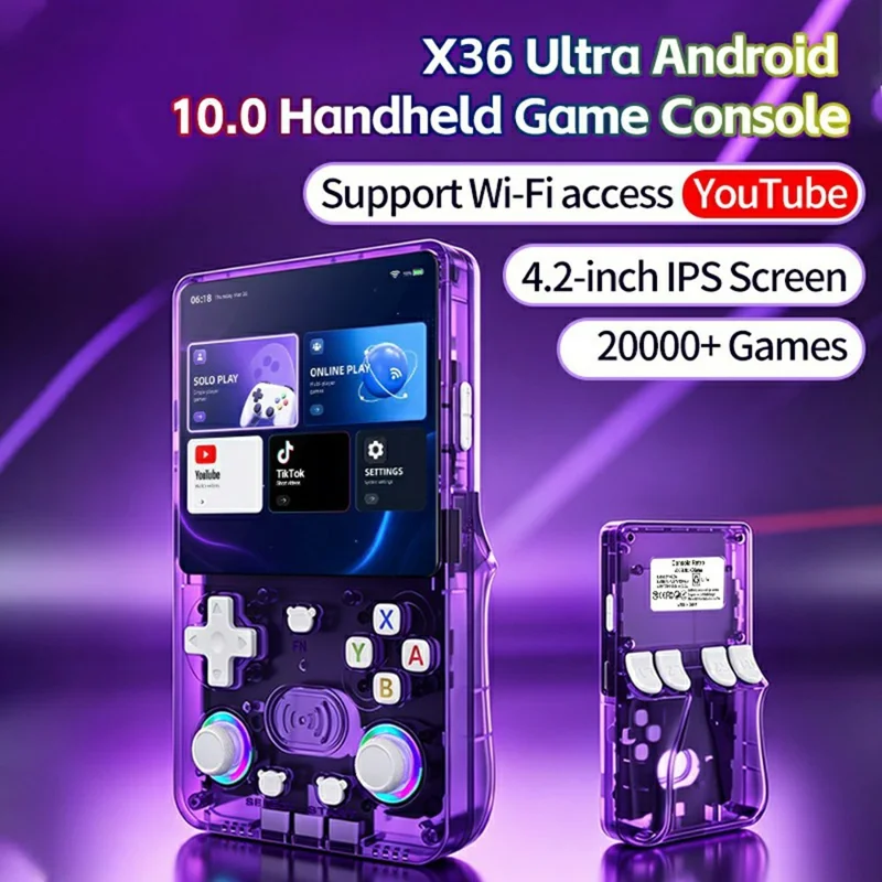 X3 Ultra Handheld Game Console 4.2 Inch IPS Screen Retro Classic Gamepad, 1+8GB - Transparent Purple