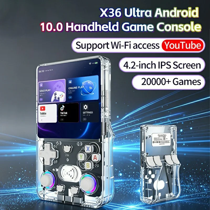 X3 Ultra Handheld Game Console 4.2 Inch IPS Screen Retro Classic Gamepad, 1+8GB - Transparent
