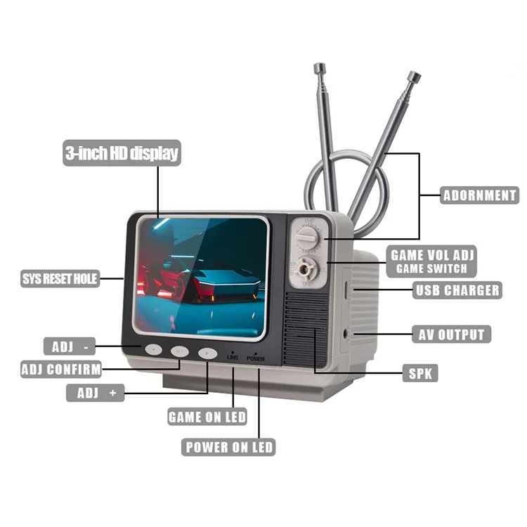 GV300 TV Shape Retro Game Console Game Machine Electronic Video Game Player with 2 Gamepads - Brown