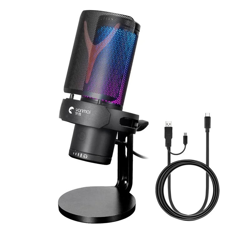 Yanmai GM7 RGB Gaming Condenser Mic Phone Cell Teléfono Karaoke Micrófono Real Monitor de Transmisión Micrófono de Condensador