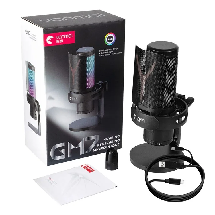 Yanmai GM7 RGB Gaming Condenser Mic Phone Cell Teléfono Karaoke Micrófono Real Monitor de Transmisión Micrófono de Condensador