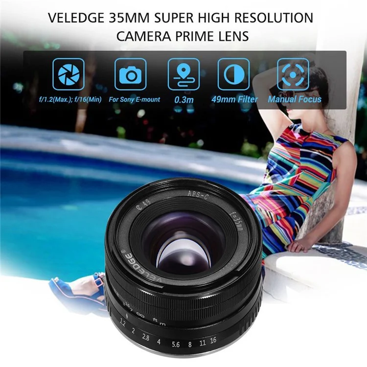 VELEDGE V-35 Objectif 35mm F1.2 Grande Ouverture Objectif Manuel Fixe pour Sony A6300 A6400 Appareil Photo Hybride NEX