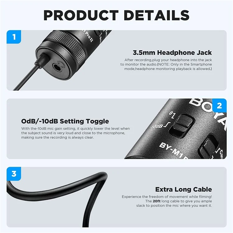 Boya BY-M1 Pro II Clif-on Microphone Omni-directional Mic Mic 3,5 mm TRRS Plig Avec un Câble 6m Pour le Caméscope de la Caméra Pour Smartphone