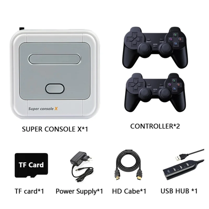 SUPER CONSOLE X Portable Mini Game Console with 2 Wireless Controller 3D HD Home Game Box (128GB) - UK Plug