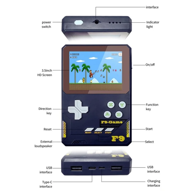 F9 Kids Handheld Game Console 3,5-inch LCD-scherm Retro Handheld Videospelcadeau met ondersteuning voor twee spelers - Dieproze