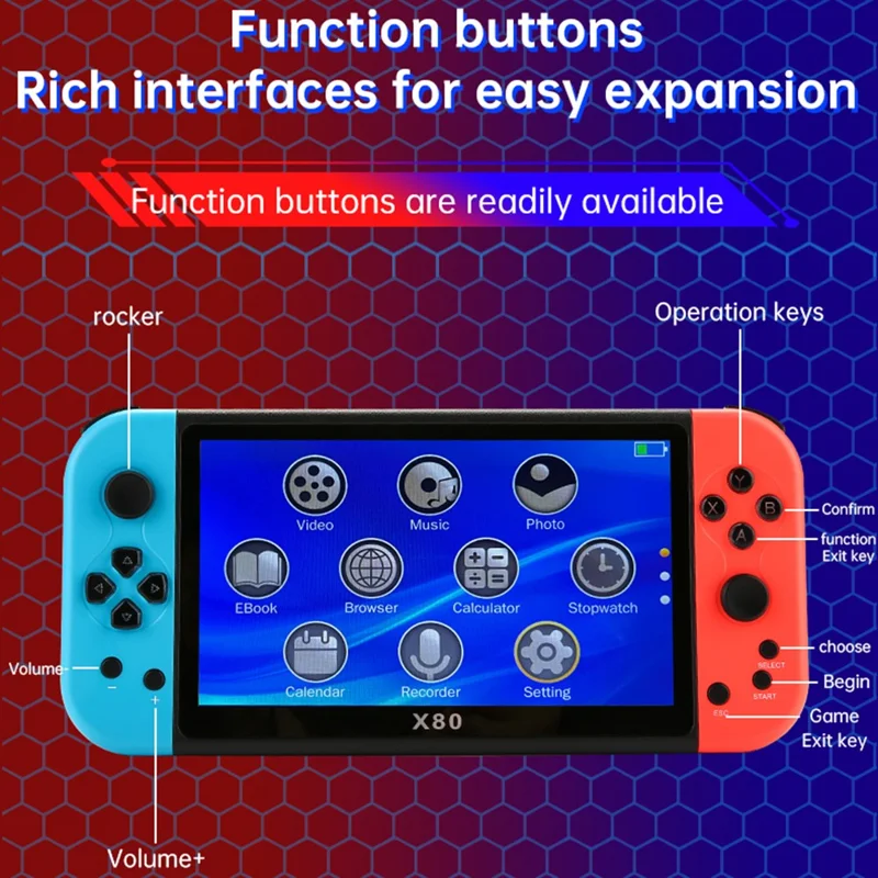 X80 7.0 inch HD Screen Handheld Game Console 20000 Games Video Game Console - Blue Red