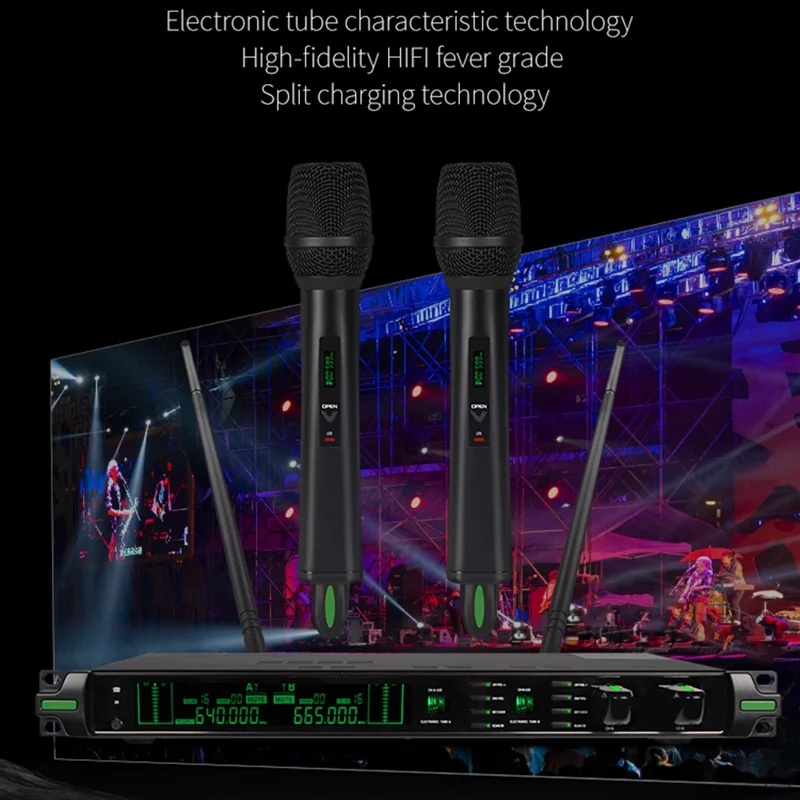 CD-10 Dual Wireless Microphone System Cordless Handheld HiFi Mic Set for Singing Karaoke Meeting Stage - EU Plug