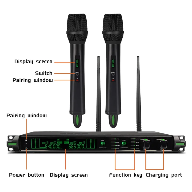 CD-10 Dual Wireless Microphone System Cordless Handheld HiFi Mic Set for Singing Karaoke Meeting Stage - EU Plug