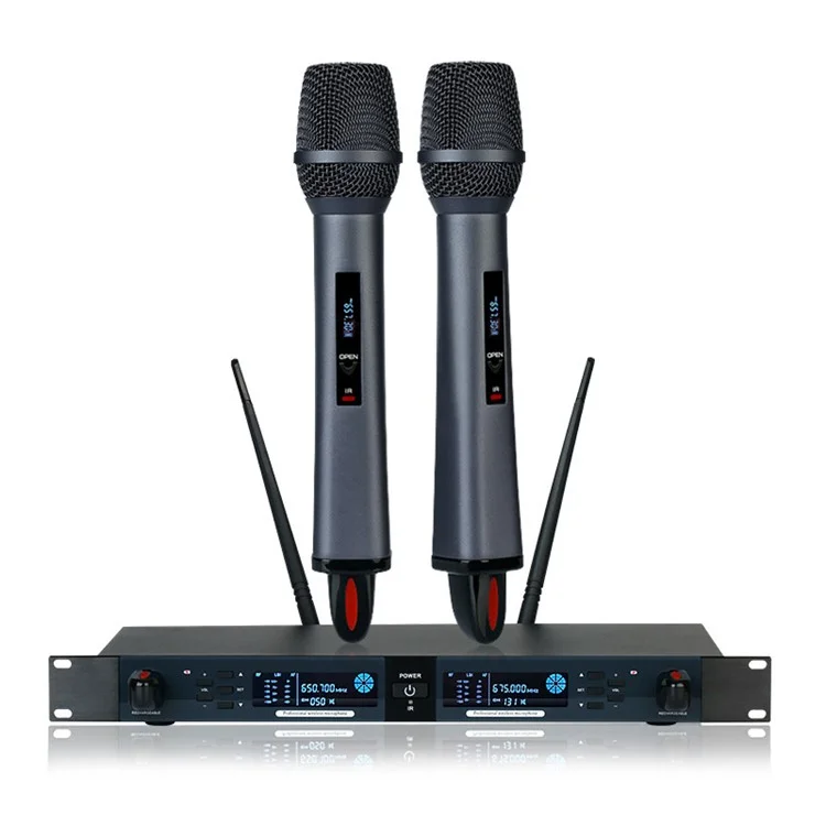 CD-08 Dual Professional UHF Wireless Microphone Magnetic Charging Adjustable Frequencies Mic for Singing, Karaoke, Church - UK Plug