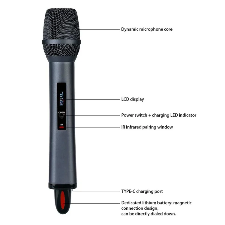 CD-08 Dual Professional UHF Wireless Microphone Magnetic Charging Adjustable Frequencies Mic for Singing, Karaoke, Church - UK Plug