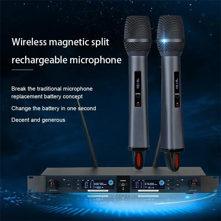 CD-08 Dual Professional UHF Wireless Microphone Magnetic Charging Adjustable Frequencies Mic for Singing, Karaoke, Church - UK Plug