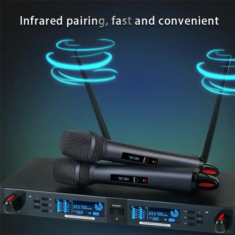 CD-08 Dual Professional UHF Wireless Microphone Magnetic Charging Adjustable Frequencies Mic for Singing, Karaoke, Church - UK Plug
