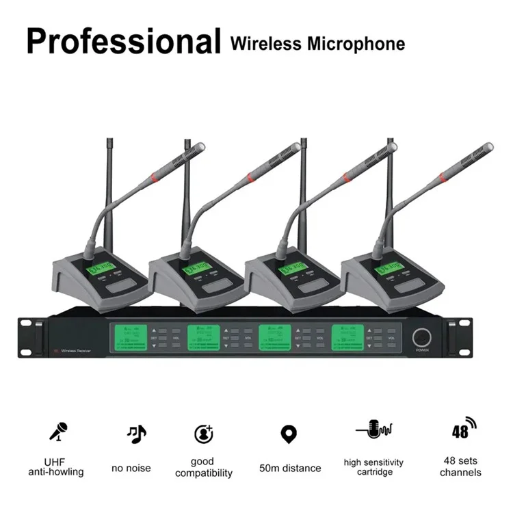 X-H05 UHF Conference Microphone System 4Pcs Wireless Mic Set for Meeting Speech Conference - US Plug