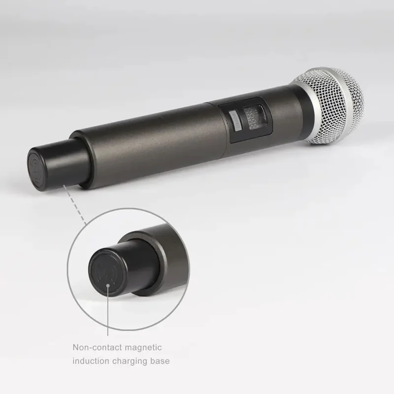 CD-02 Dual UHF Sistema de Micrófono de Mano Dinámico Micrófono Compatible con Carga Magnética por Inducción - Enchufe Europeo