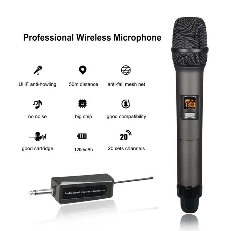 W-14 Moving Coil Microphone U-Band FM Wireless Mic with Receiver Home Karaoke Microphone - Grey