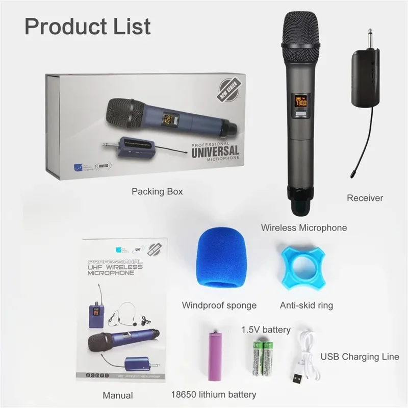 W-14 Moving Coil Microphone U-Band FM Wireless Mic with Receiver Home Karaoke Microphone - Blue