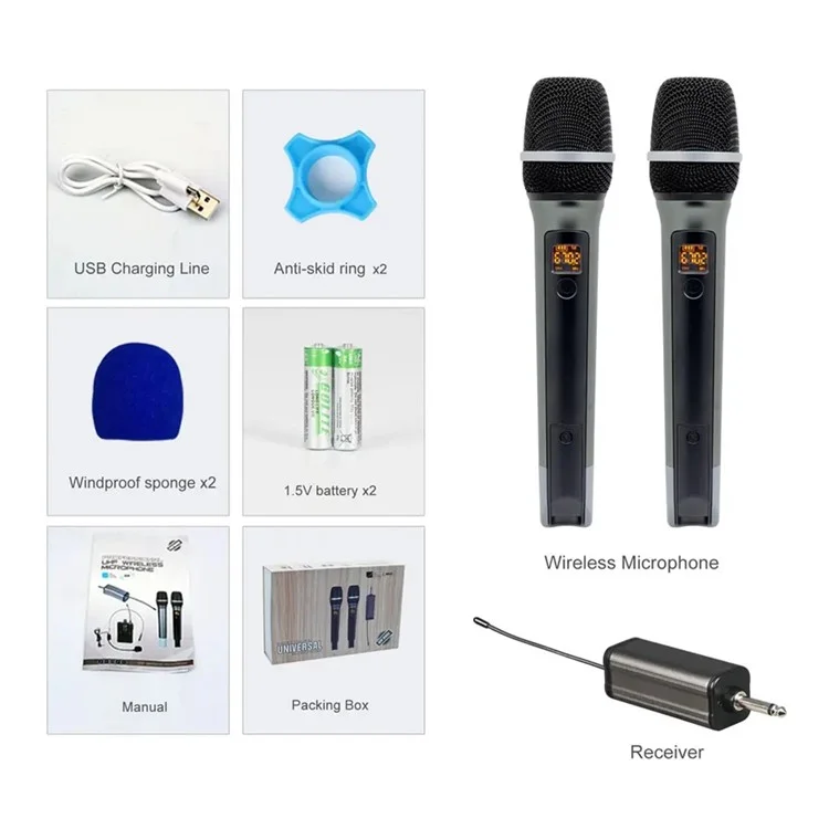 W-17 Dynamic Wireless Microphone 1 to 2 All-Metal UHF FM Handheld Microphone for Conference, Stage